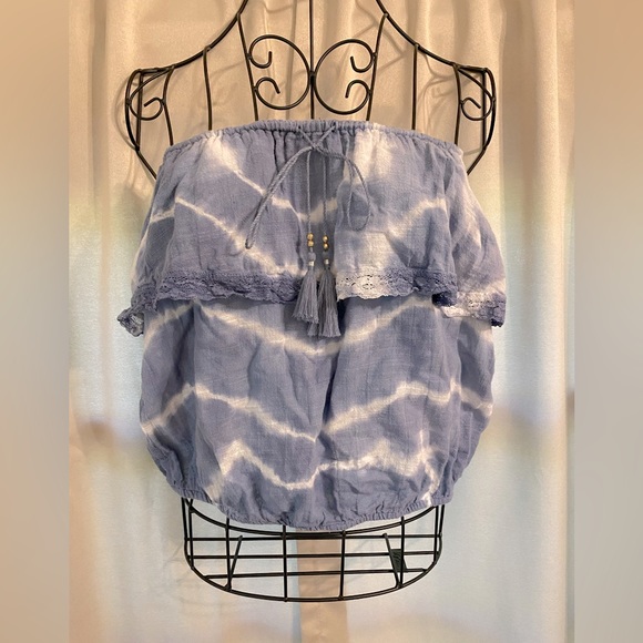 American Eagle Outfitters Tops - American Eagle Outfitters Strapless Blue Tie Dye Boho Top with Ruffle Size S